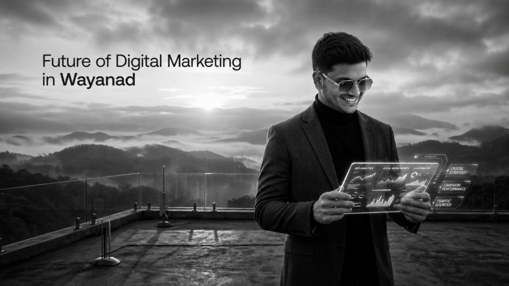 Black-and-white futuristic digital marketing banner featuring a young professional in a suit looking at a holographic analytics display on a rooftop with misty Wayanad hills in the background and the text “Future of Digital Marketing in Wayanad”.