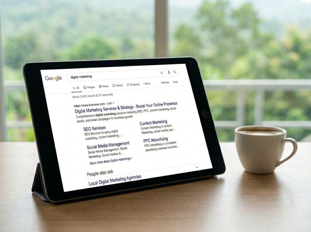 “Tablet displaying Google search results for digital marketing services on a wooden table beside a coffee cup with a blurred green outdoor background.”