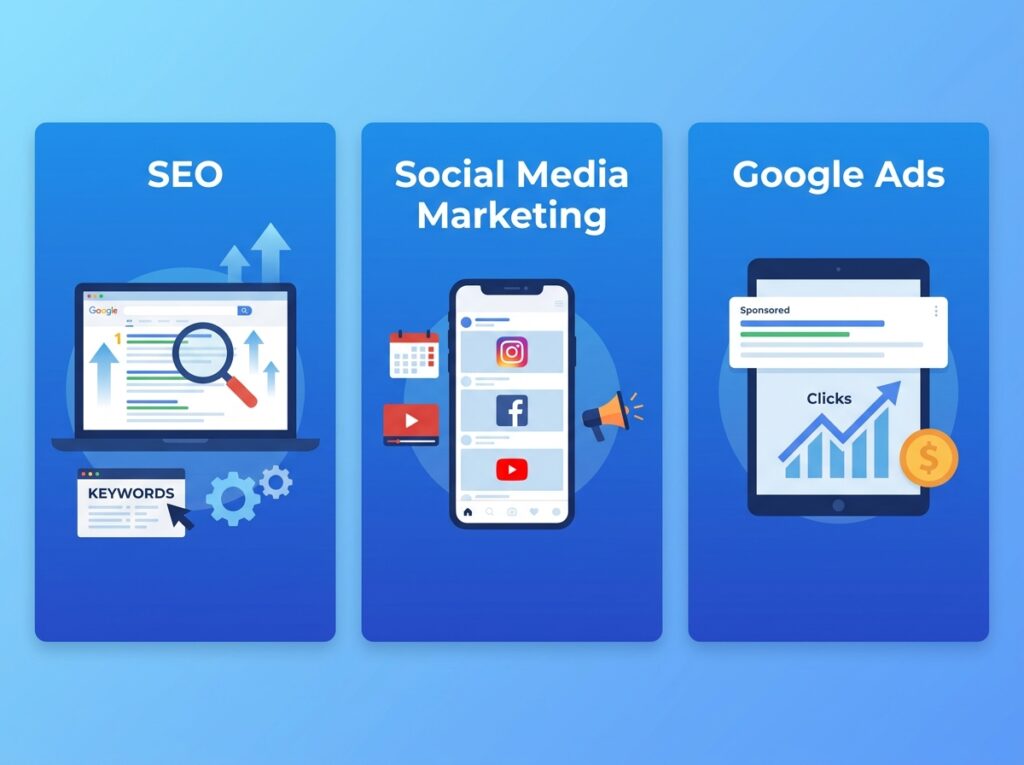 “Illustration showing three digital marketing services panels for SEO, Social Media Marketing, and Google Ads with icons of analytics, social media apps, and online advertising growth.”