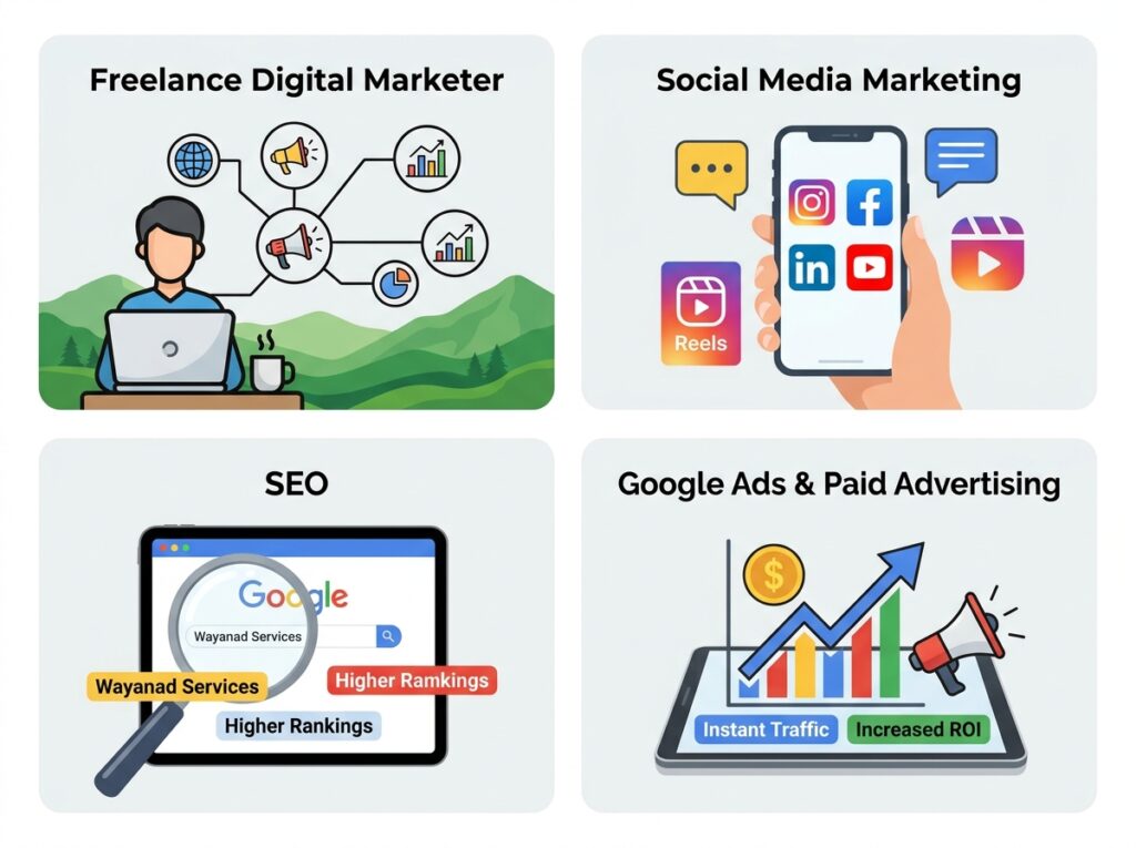 “Digital marketing service illustration featuring freelance digital marketer, social media marketing, SEO, and Google Ads with icons for analytics, social platforms, rankings, and paid advertising growth.”