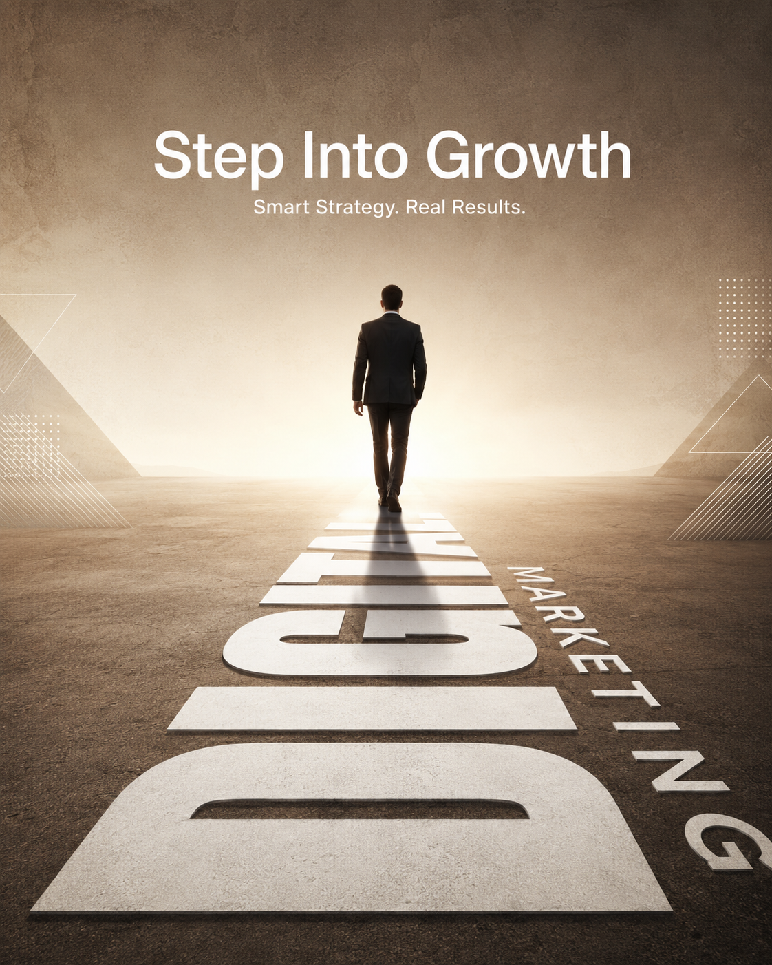 A professional businessman in a dark suit walks toward a bright horizon on a warm beige textured background. A giant 3D white typographic pathway formed by the word “DIGITAL” stretches into the distance like a road, with “MARKETING” displayed vertically alongside it. The headline “Step Into Growth” and subtitle “Smart Strategy. Real Results.” appear above, creating a clean, modern corporate marketing poster with strong perspective, cinematic lighting, and a premium branding aesthetic.